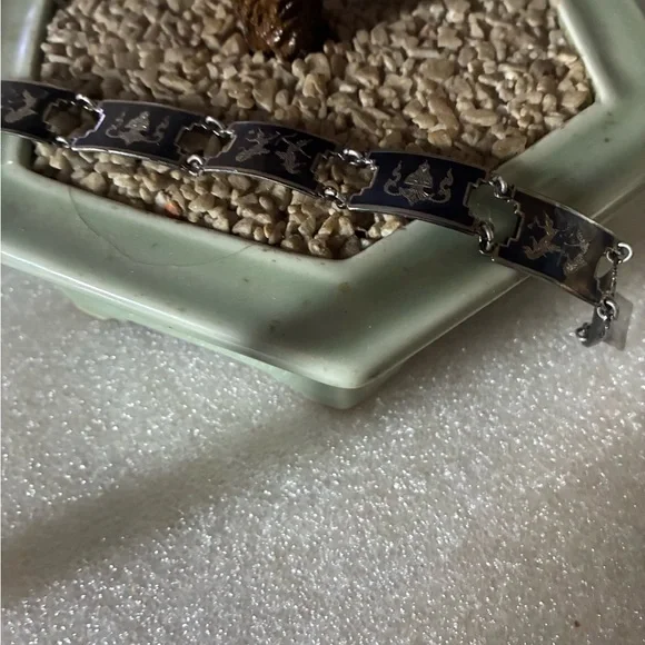 Antique Black Enamel Siam Sterling Panel Bracelet with Asian Motif - Picture 1 of 7